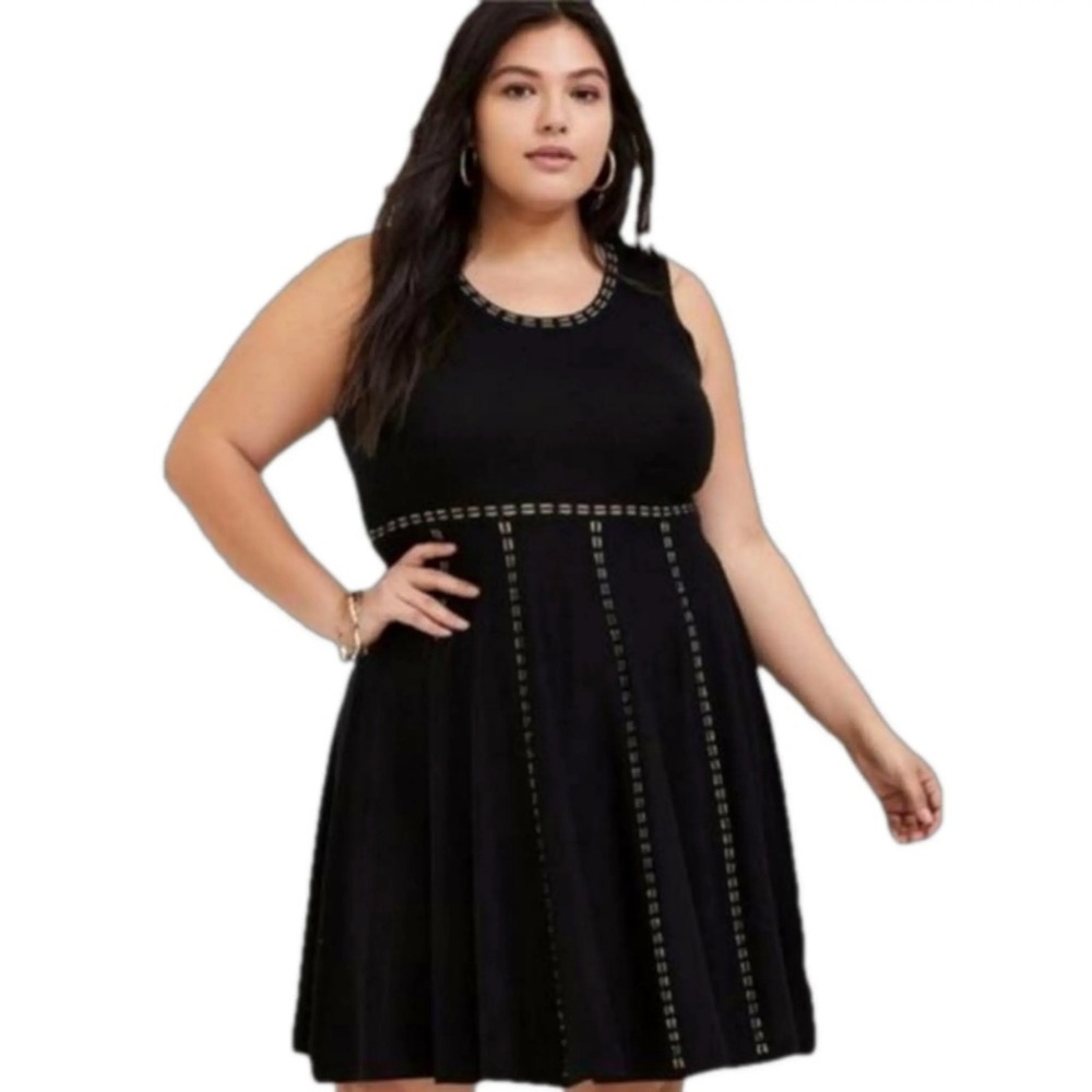 Torrid Plus Size Black Knit Gold Metallic Weave Fit and Flare Skater Dress